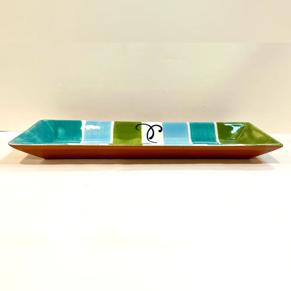 CRATE & BARREL Lago Pattern Rectangular Platter - Tourquoise Blue Green Striped